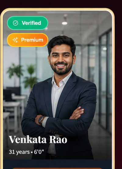 South Indian businessman in dark navy suit standing confidently in modern office